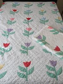 Pair Twin/Full Size Hand Stitched Tulip Quilts