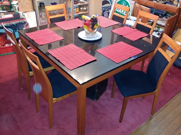 SQUARE THICK BLACK GRANITE DINNER TABLE WITH SOLID CHERRY WOOD (WEIGHT ABOUT 300 LBS) AND 6 SOLID CHERRY WOOD CHAIRS WITH BLACK SUEDE LEATHER.. MADE IN DERMARK.. MATCH WITH CABINETS AND HUNT BOARD