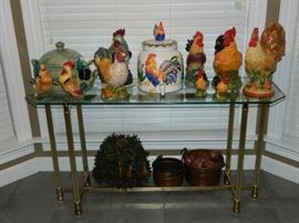 More chickens & roosters - glass table