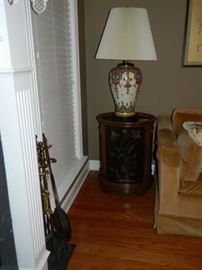 Second table & lamp + fireplace tools on stand