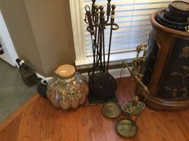 Vintage scale with original weight collection, fireplace tool set in stand, glass decorative jar