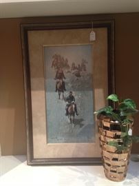 Framed western scene; decorative planter