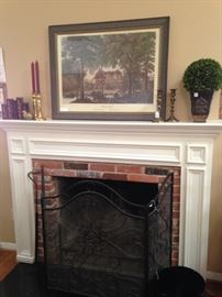 Fireplace screen; mantel decor; framed art