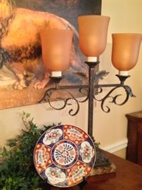 Asian style accent plate and 3-globe lamp