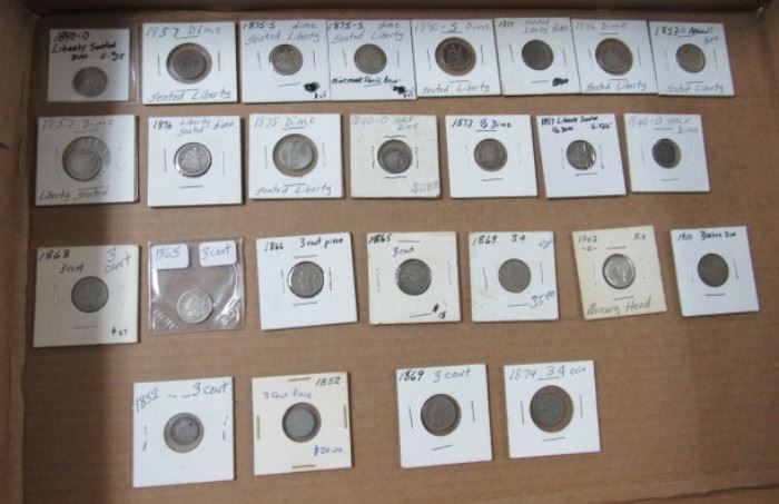 Group of Coins - All 1 Lot - Liberty Seated Dimes - Half Dimes - 3 Cent Coins