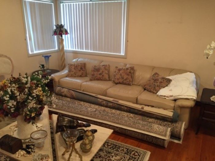 This photo shows the leather sofa, three rolled-up area rugs, and a section of the coffee table (with another area rug underneath).