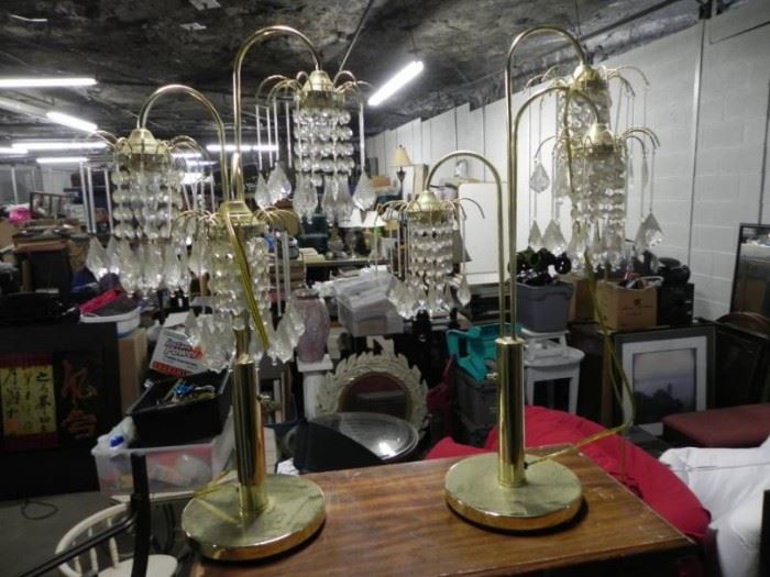 Vintage Brass Lamps With Hanging Crystals.