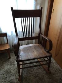 #21	wood rocker w spindle back and arm 	 $65.00 	