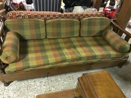 #75	wood frame yellow/orange/brown plaid sofa 78 long	 $75.00 	