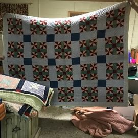#153	full size blue/red pinwheels flour sack backing quilt	 $40.00 	