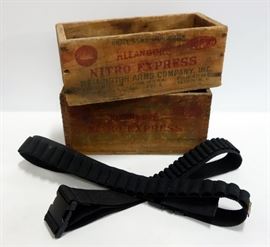 Vintage Remington Arms Company Kleanbore Nitro Express Wooden Cartridge Boxes (2) And Kolpin Ammunition Belts (2)