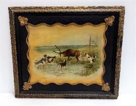 Vintage Print of Dog Pack Hunting Elk, Framed 28" W x 23.5" H