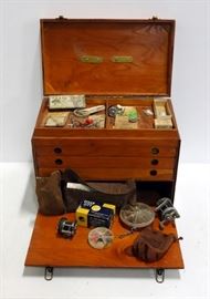 Large Wood Tackle Box With Drop Front, Drawers, And Brass Accents With Contents