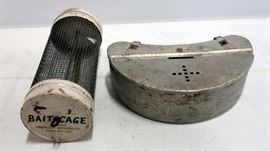Antique Fishing Bait Holders (2) Including Oberlin Canteen Co Bait Cage