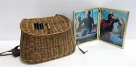 Woven Reed Fishing Creel/Basket And Two Autographed Roland Martin Photos In Frame