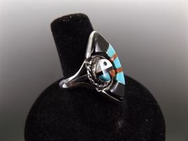 .925 Sterling Silver Navajo Turquoise, Red Coral, and MOP Ring Size 7