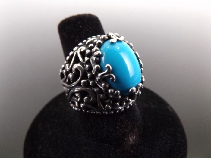 .925 Sterling Silver Turquoise Cabochon Ring Size 7
