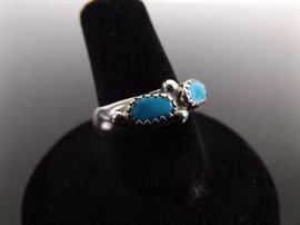 .925 Sterling Silver Double&nbsp;Turquoise Cabochon&nbsp;Ring Size 7.25
