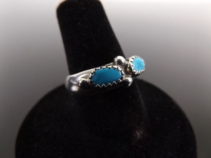 .925 Sterling Silver Double Turquoise Cabochon Ring Size 7.25
