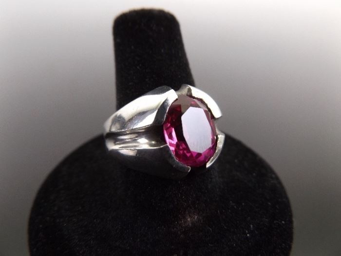 .925 Sterling Silver Faceted Pink Garnet Ring Size 10
