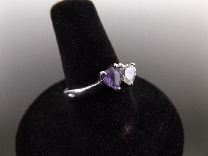 .925 Sterling Silver Amethyst and Crystal Heart Ring Size 8.25
