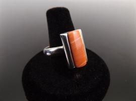 .925 Sterling Silver Pink Opal Baguette Cabochon Ring Size 10.25
