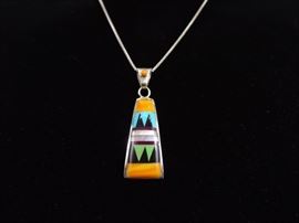 .925 Sterling Silver Multi Stone Navajo Pendant Necklace
