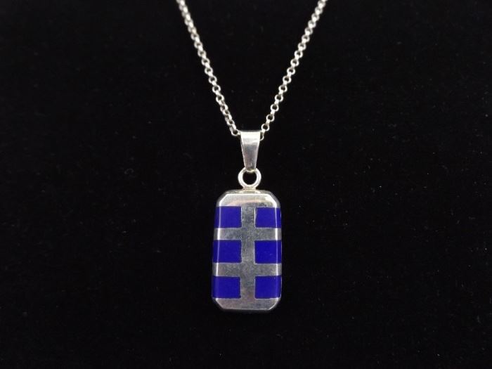 .925 Sterling Silver Inlayed Lapis Pendant Necklace
