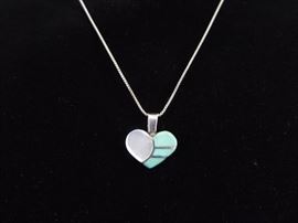 .925 Sterling Silver Turquoise and Mother of Pearl Heart Pendant Necklace
