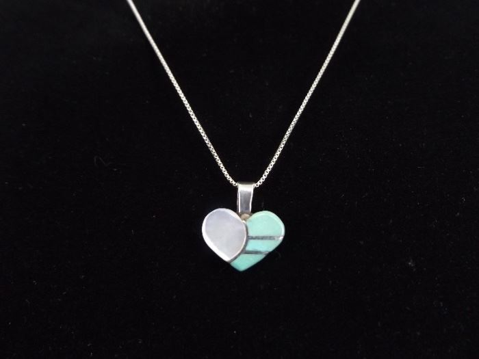 .925 Sterling Silver Turquoise and Mother of Pearl Heart Pendant Necklace
