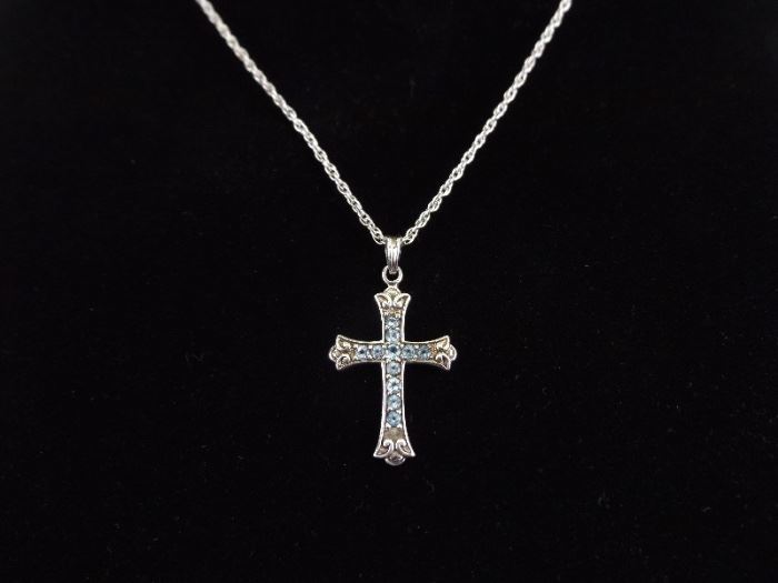 .925 Sterling Silver Faceted Topaz Cross Pendant Necklace
