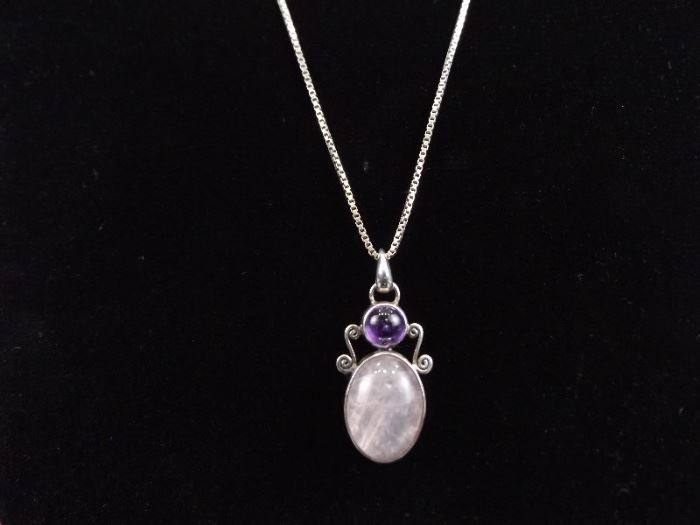 .925 Sterling Silver Amethyst and Rose Quartz Cabochon Pendant Necklace
