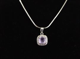 .925 Sterling Silver&nbsp;Princess Cut Amethyst and Diamond Accented Pendant Necklace
