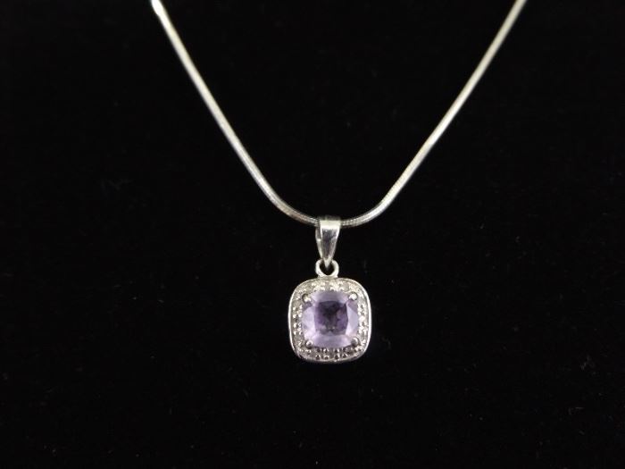 .925 Sterling Silver Princess Cut Amethyst and Diamond Accented Pendant Necklace
