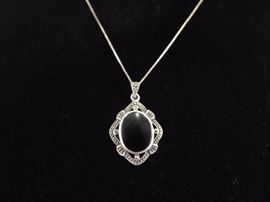 .925 Sterling Silver Art Nouveau Black Onyx Pendant Necklace
