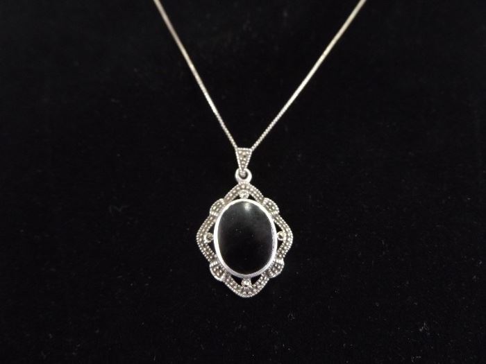 .925 Sterling Silver Art Nouveau Black Onyx Pendant Necklace
