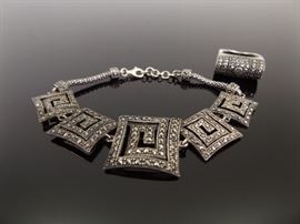 .925 Sterling Silver Art Nouveau Bracelet and Ring Set
