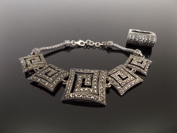 .925 Sterling Silver Art Nouveau Bracelet and Ring Set
