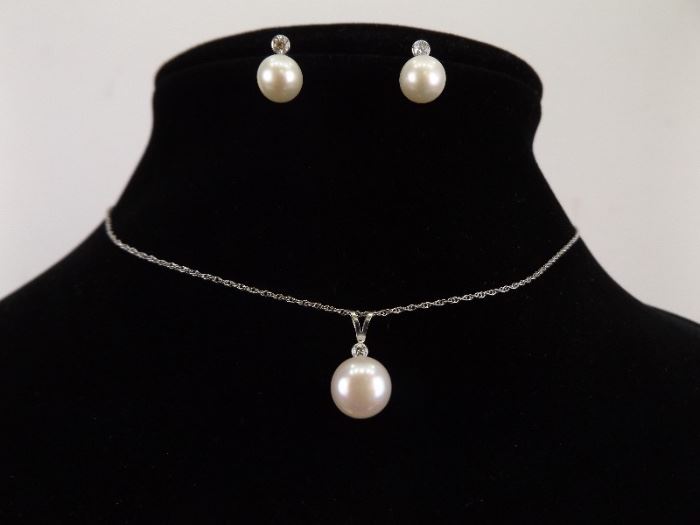 .925 Sterling Silver Cultured Pearl and Crystal Necklace, Pendant and Earring Set

