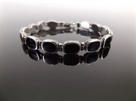 .925 Sterling Silver Black Onyx Hinged Link Bracelet
