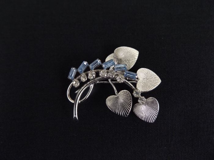 .925 Sterling Silver Blue Topaz Baguette and Crystal Flower Brooch
