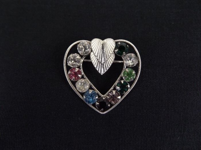 .925 Sterling Silver Multi Stone Heart Brooch
