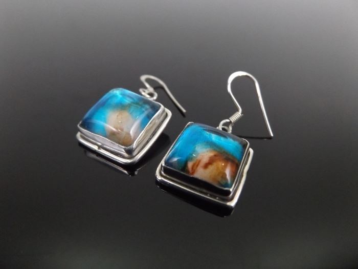 .925 Sterling Silver Blue Square Art Glass Earrings
