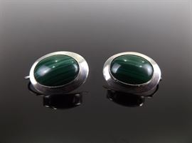 .925 Sterling Silver Malachite Cabochon Earrings
