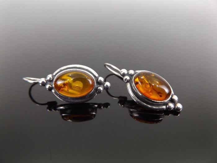 .925 Sterling Silver Amber Cabochon Earrings
