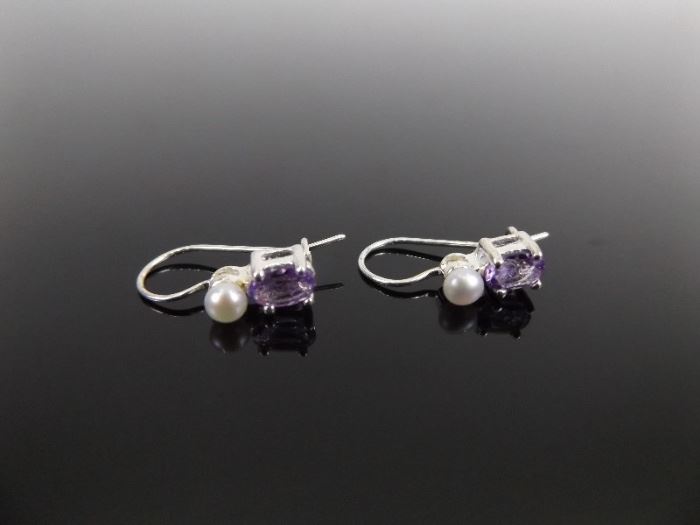 .925 Sterling Silver Faceted Amethyst and Cultured Pearl Earrings
