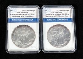 2001 Silver American Eagle .999 Silver Recovered At WTC Ground Zero Slabbed By Numistrust Corporation