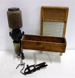 Wall Mounted Arcade Crystal Coffee Grinder, Wood Box Marked Shoe And Harness Repair, Small Animal Trap And Small Washboard