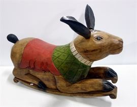 Hand Carved And Painted Wooden Child's Rocking Rabbit