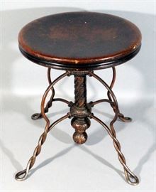 Antique TONK Chicago New York Piano Stool With Adjustable Wood Seat, Pressed And Twisted Steel Industrial